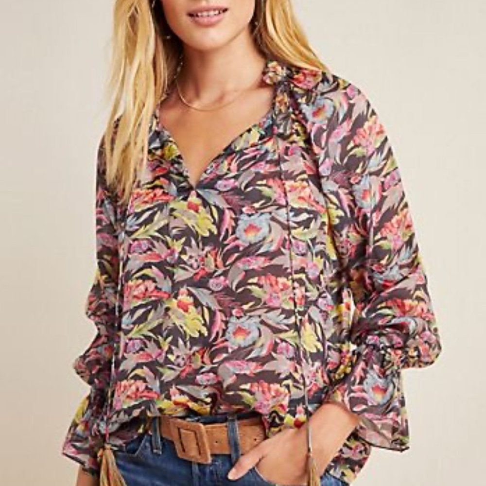 Anthropologie Tanvi Kedia colorful peasant blouse puff sleeves